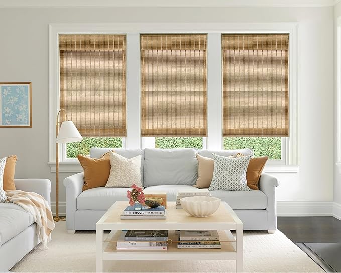 LazBlinds No Tools No Drill Cordless Bamboo Roman Shades, Light Filtering Window Treatment, Roll Up Bamboo Blinds for Windows 28'' W x 64'' H, Natural 306