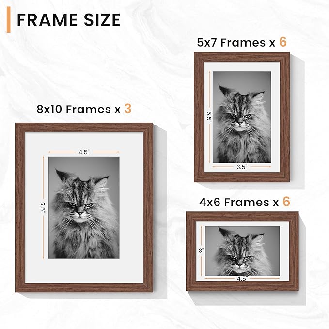 Venusmiles 15 Pack Picture Frames Collage Wall Decor, Gallery Frame Set for Wall Mounting or Tabletop Display, Multi Sizes Including 3pcs 8x10, 6pcs 5x7, 6pcs 4x6, Walnut