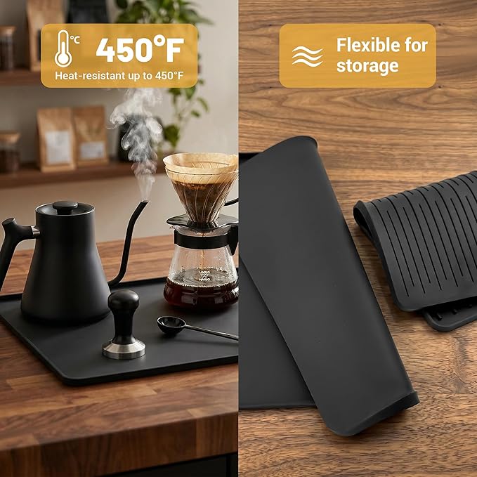 24×16-inch Silicone Coffee Mat for Espresso Machine - Heat Resistant, Waterproof Countertop Protector Pad with Raised Edges, Easy Clean Dish Drying Mat for Kitchen, Pet Food Mat (Black)