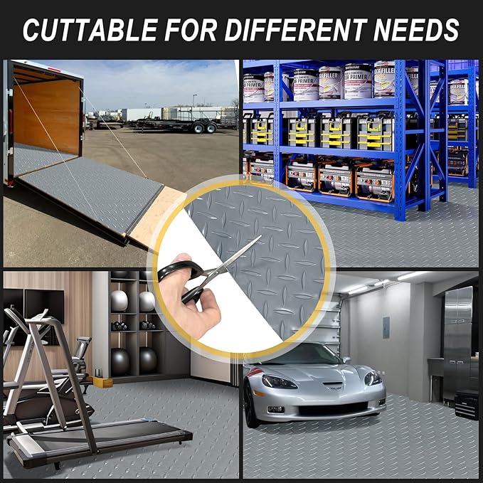 Grandroad auto 10x25 FT Garage Floor Mat, 2.8mm Thickened Flooring Roll for Under Car Diamond Plate PVC Rubber Mat with 20 Pcs Tapes, Non-Slip Floor Mat for Garage, Warehouse, Gyms, Trailer, Gray
