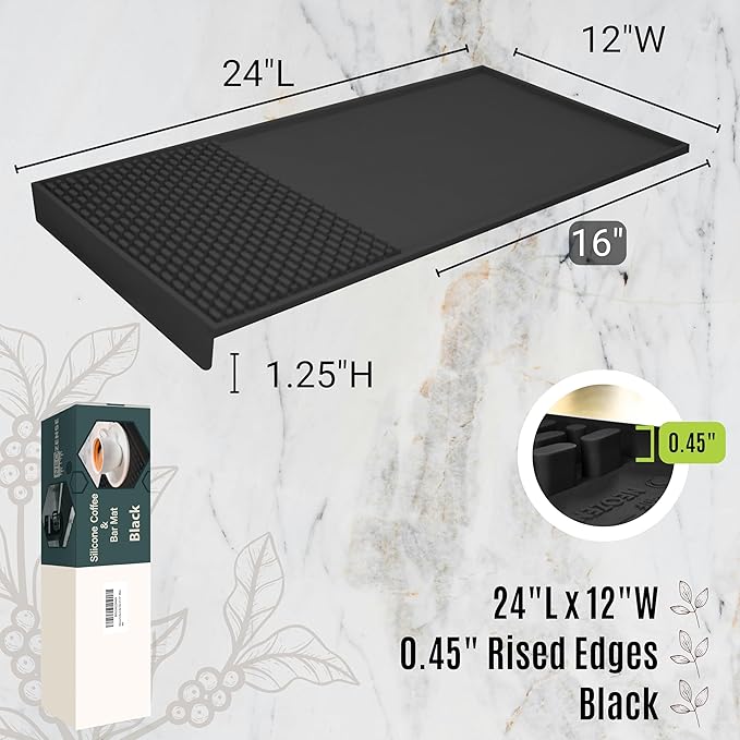 Coffee & Bar Mat For Countertop With "Edge Protection" – Espresso Machine & Coffee Maker Mat – Silicone Heat Resistant Mat – Non-Slip & BPA-Free Food Grade Mat – 12"(Front) x 24"(Length), Black