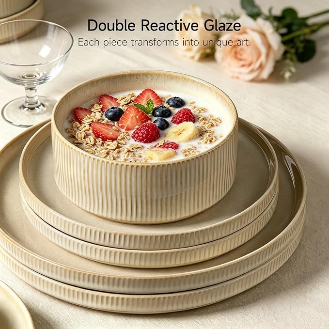 Stoneware Dinnerware Sets, Plates and Bowls Sets for 4, 12-Piece Ribbed Dishes – Chip & Scratch Resistant, Microwave and Dishwasher Safe Tableware, Beige