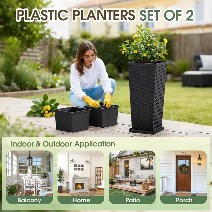 Set of 2 30 Inch Tall Plastic Planters with Drainage Saucers, Rattan Pattern UV Resistant Indoor Outdoor Flower Pots for Patio Garden Balcony Decor, Black