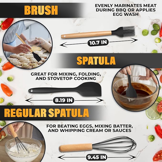 14 Pcs Black Kitchen Utensils Set with Holder for Nonstick Cookware - Silicone Cooking Utensils Set, Kitchen Tools for Daily Cooking - Wooden Handle Cooking Tools for Baking Serving and Mixing Tasks