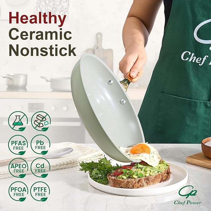 Chef Power Ceramic Cookware Sets, 15Pcs Pots and Pans Set Non Stick, Cookware Set with Stainless Steel Handle, Dishwasher & Oven Safe, Sage Green and Granite Grey