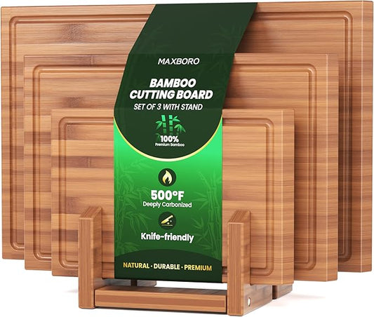 Bamboo Cutting Board Set of 3, Durable Wooden Chopping Boards with Distinctive Stand & Juice Grooves, Ideal for Meat, Vegetables, Fruit, Charcuterie Prep & Serving, Kitchen Essentials, Gifts for Mom