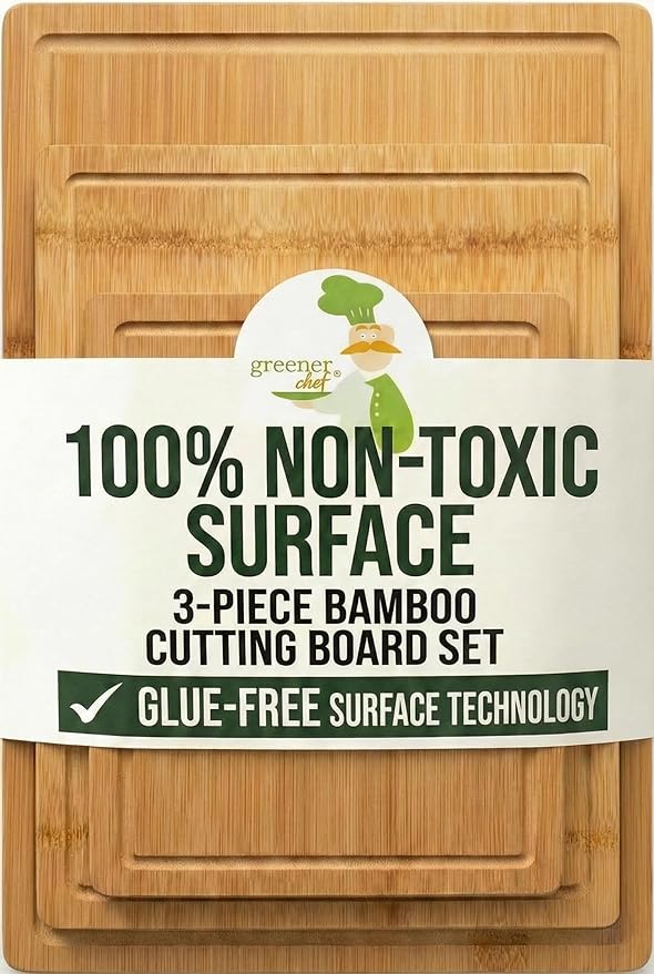 GREENER CHEF Glue-Free Surface Organic Bamboo Wood Cutting Board 3-Piece Set – Non Toxic Cutting Board Set – Lightweight, Heavy Duty Wooden Serving Boards for Charcuterie - Safer Family Meal Prep