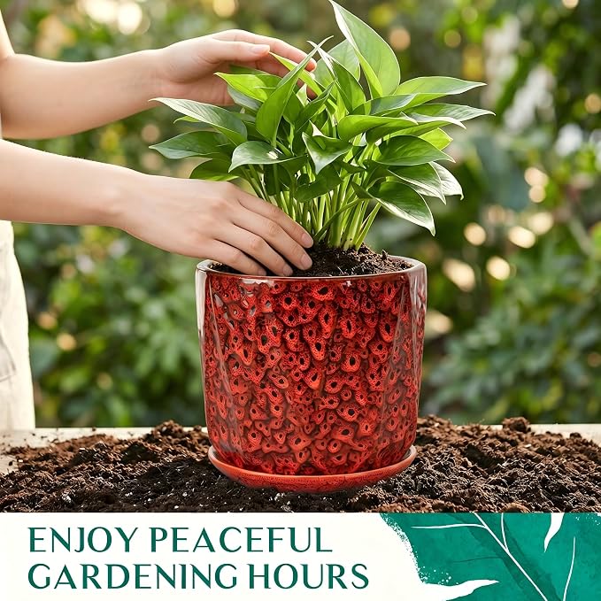 10 Inch Ceramic Plant Pot with Drainage Hole Mesh Net, Large Flower Pots for Indoor Plants with Saucer, Gardening Pots Outdoor (Red)