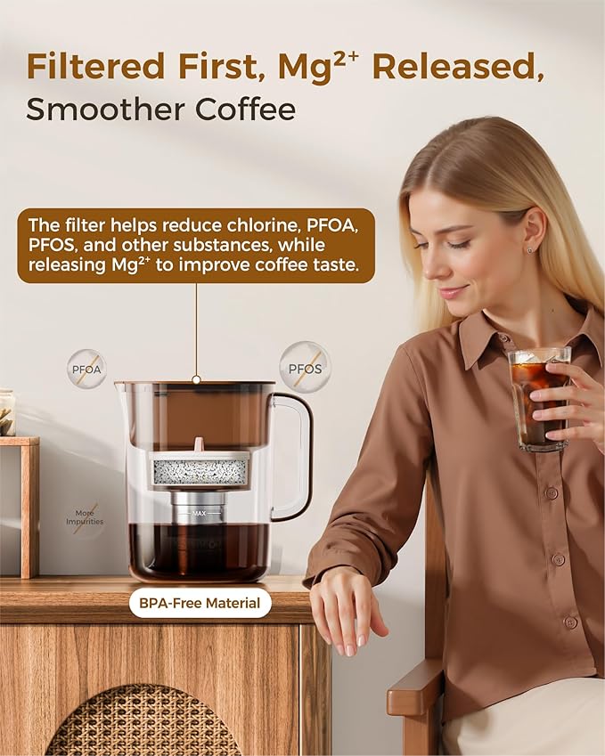 Waterdrop PT-10 Cold Brew Coffee Maker with 1 Magnesium Water Filter for Well-Balanced Acidity, Unlocks Aroma, BPA-Free Cold Brew Pitcher, Stainless Steel Filter for Iced Coffee, Tea, Lemonade, Brown