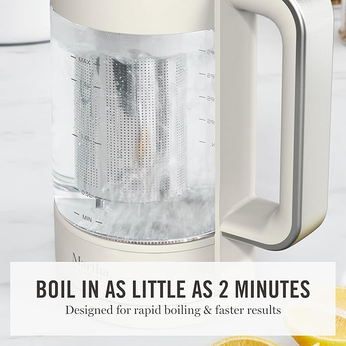 Martha Stewart Electric Kettle with Removable Stainless Steel Tea Infuser, Glass Carafe 1.7L (7 Cups), Hot Water Boiler, 4 Presets, Keep Warm & Auto Shut-Off, Cordless 360° Swivel Base, Linen White