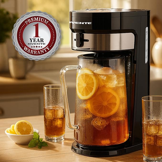 OVENTE Iced Tea Maker and Iced Coffee Maker with 3QT Pitcher, Sliding Brew Strength Selector for Taste Customization and Reusable Filter, Ideal for Lemonade, Latte and Flavored Water, Black CMT215B