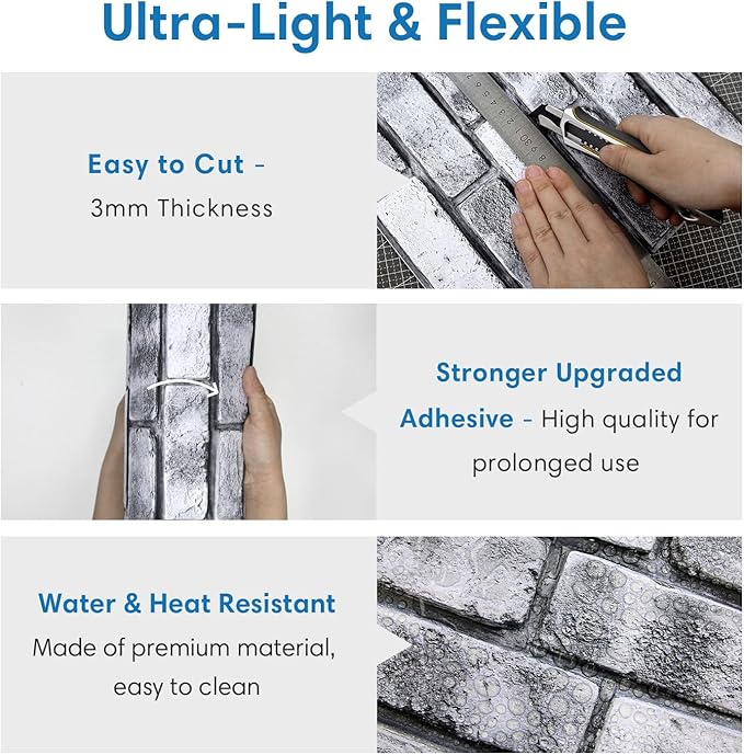 COMSTICKC 3D Faux Brick Wall Panel Peel and Stick, 10 Pcs of 12"X12", Small Size, Ultra-Light PVC Fake Brick Decorative Tiles Backsplash, Paintable, Not Real Brick (Gray -2)