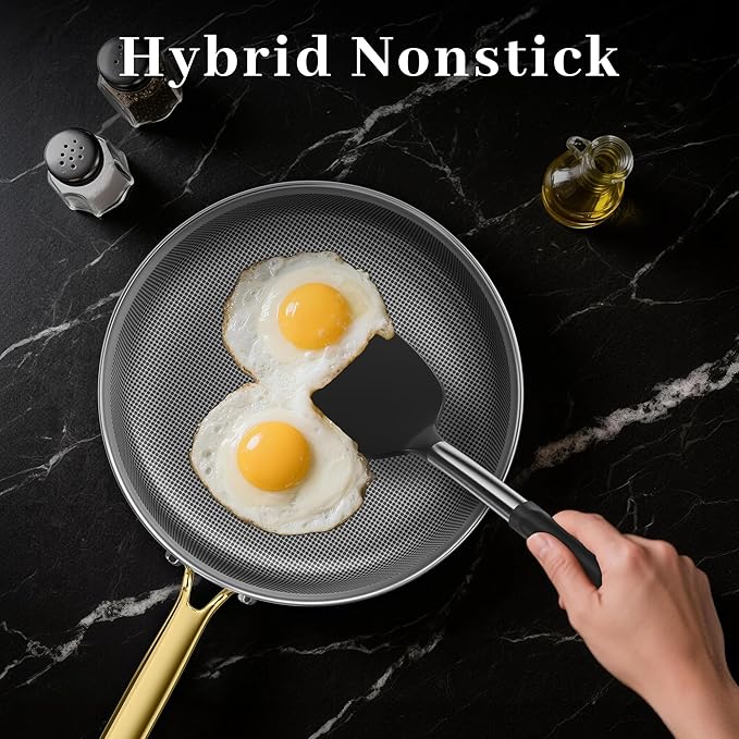 FogDream Non Stick Frying Pans, 10in Titanium Pans for Cooking, Hybrid Stainless Steel Skillet with Spatulas, PFOA Free Cookware, Stay Cool Handle, Dishwasher & Oven-Safe,Induction Compatible,Gold