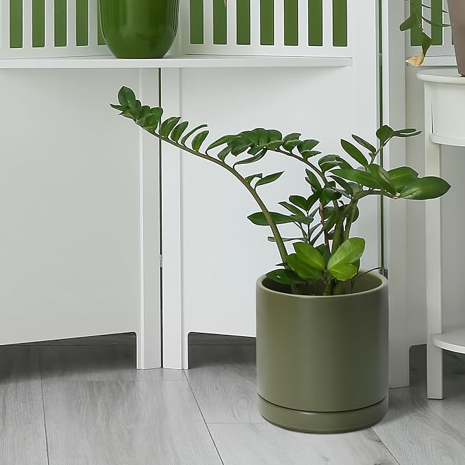 D'vine Dev 8.2 Inch Ceramic Planter Pot, Olive, 94-O-D-J | Modern Cylinder Design, Drainage Hole & Saucer Included, Stable Structure, Elegant Home Accent