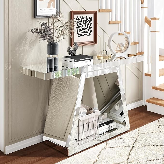 SSLine 2-Piece Set Mirrored Console Table with Wall Mirror, 55" Modern Mirror Entryway Table with Trapezoid-Shape Base, Round Crush Diamond Decor Mirror for Entryway Hallway