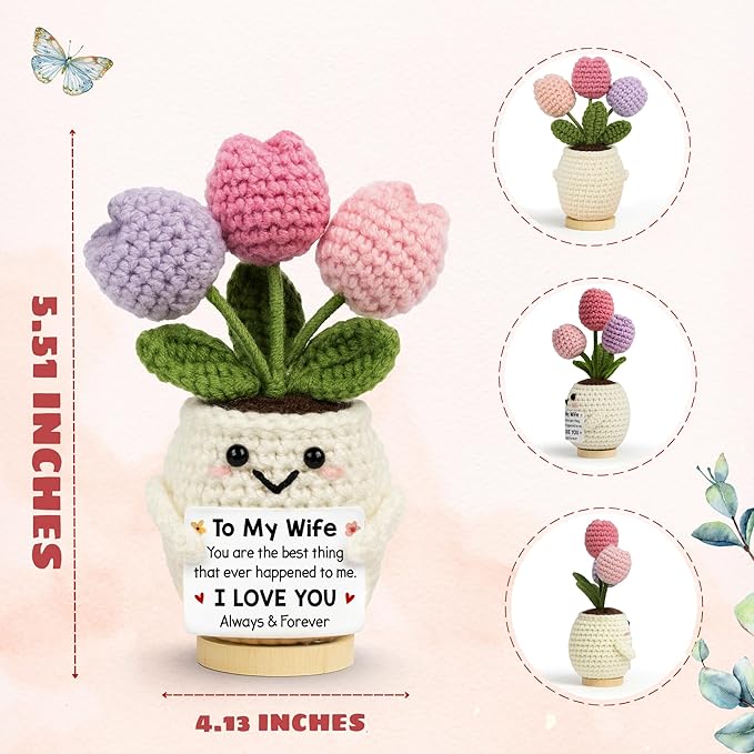 Gifts for Wife from Husband - Wedding Anniversary, Valentines, Birthday, Mothers Day Ideas for Her - Handmade Knitted Positive Tulip Flowers Crochet