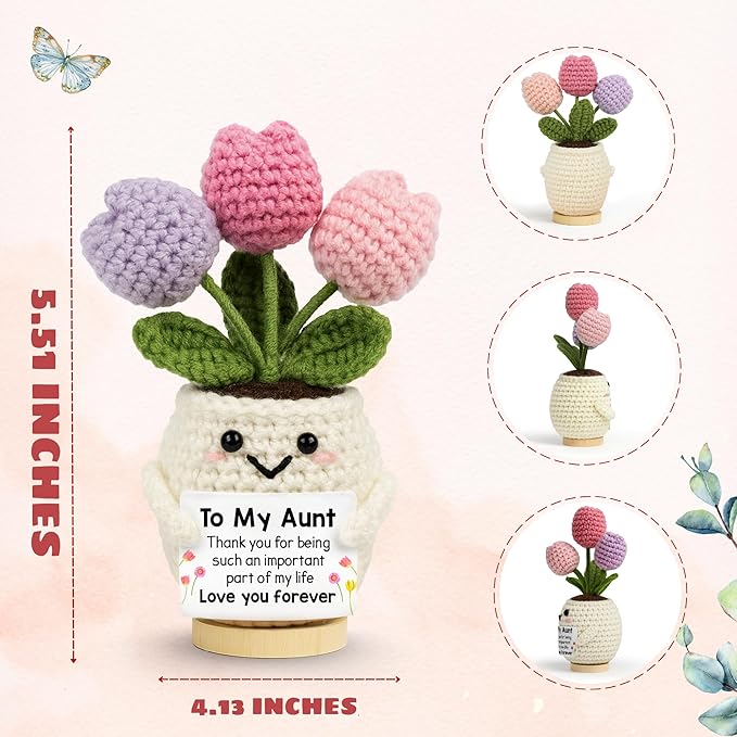 Aunt Gifts - Mothers Day, Birthday Gifts for Aunt from Kids Nephew Niece - Auntie Present for Women - 5.51'' x 4.13'' Knitted Positive Tulip Flowers Auntie Crochet Doll