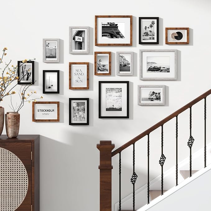 Venusmiles 15 Pack Picture Frames Collage Wall Decor, Gallery Frame Set for Wall Mounting or Tabletop Display, Multi Sizes Including 3pcs 8x10, 6pcs 5x7, 6pcs 4x6, Black+Rustic Brown+Distressed White