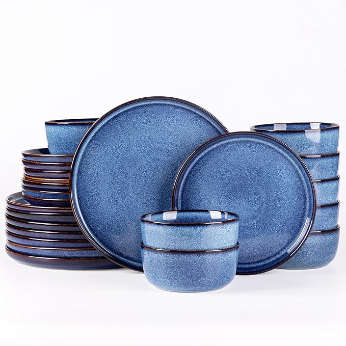 GBHOME Dinnerware Sets for 8, 24 Pieces Stoneware Plates and Bowls Sets, Scratch Resistant Ceramic Dishes, Dishwasher & Microwave Safe, Reactive Glaze-Sea Blue