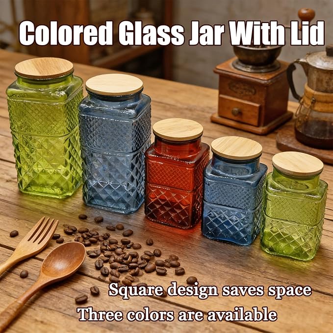 Coriario 1 Gallon Vintage Glass Jar with Lid Wood Spoon Blue Square Glass Storage Canisters Wide Mouth Jars for Food Candy Flour Sugar Cookie Coffee Nuts Decorative