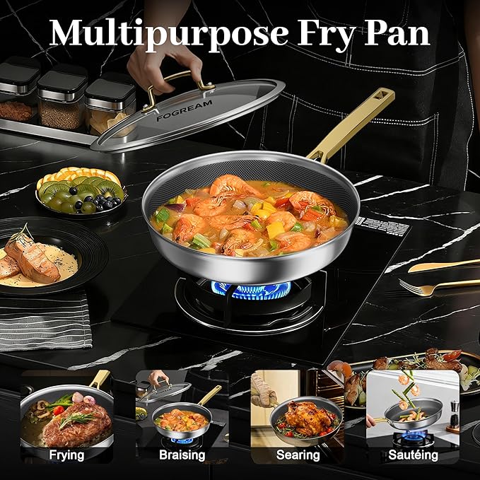 FogDream Non Stick Frying Pans, 10in Titanium Pans for Cooking, Hybrid Stainless Steel Skillet with Spatulas, PFOA Free Cookware, Stay Cool Handle, Dishwasher & Oven-Safe,Induction Compatible,Gold