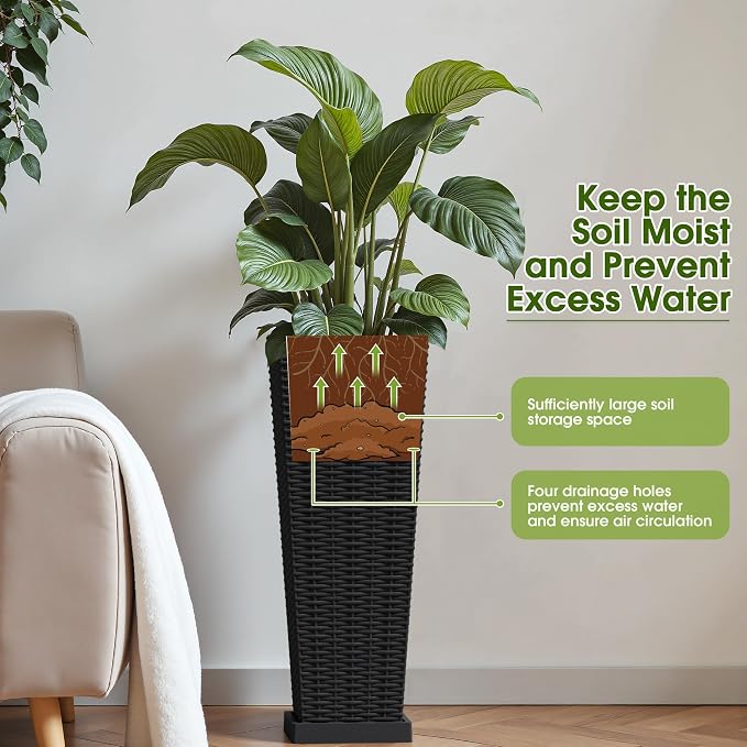 Devoko Resin Tall Planters for Outdoor Plants Set of 2, Large Taper Outdoor Planter Pots with 4 Drainage Holes, Flower Pots Modern Decor for Porch, Patio, Backyard, Garden(Black, 23.6" with Trays)