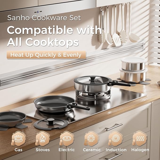 Sanho 21-Piece Pots and Pans Set, Healthy Ceramic Nonstick Cookware with Detachable Handles, Non-Toxic 4-Layer Stainless Steel & Aluminum Core, Induction RV Kitchen Set, Dishwasher & Oven Safe, Black