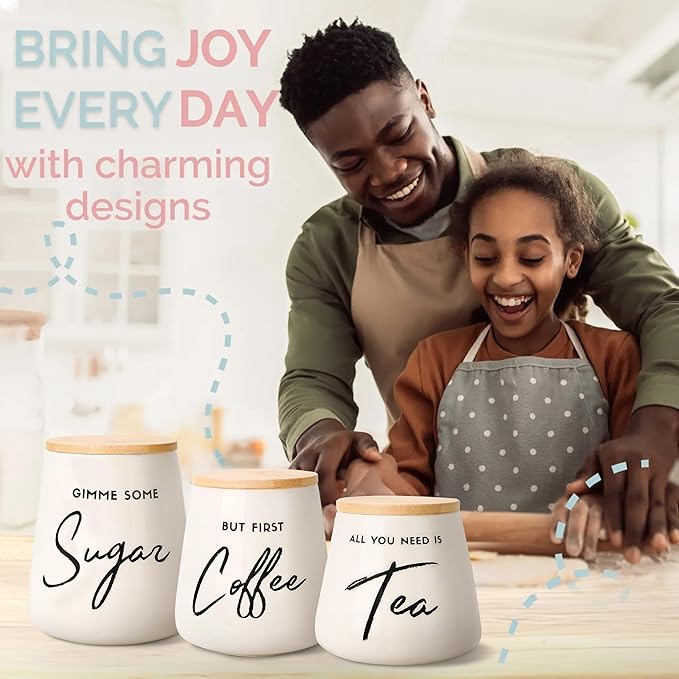 Coffee Tea and Sugar Ceramic Canister Set with Bamboo Lids - 3-Piece Airtight Kitchen Canisters for Countertop - Coffee Bar Container Set, Off-White