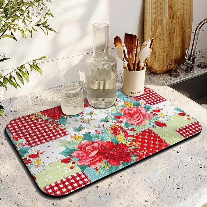 Kitchen Counter Drying Mat, Floral Patchwork Design, Red and Green Rose Pattern,12x20 Inch