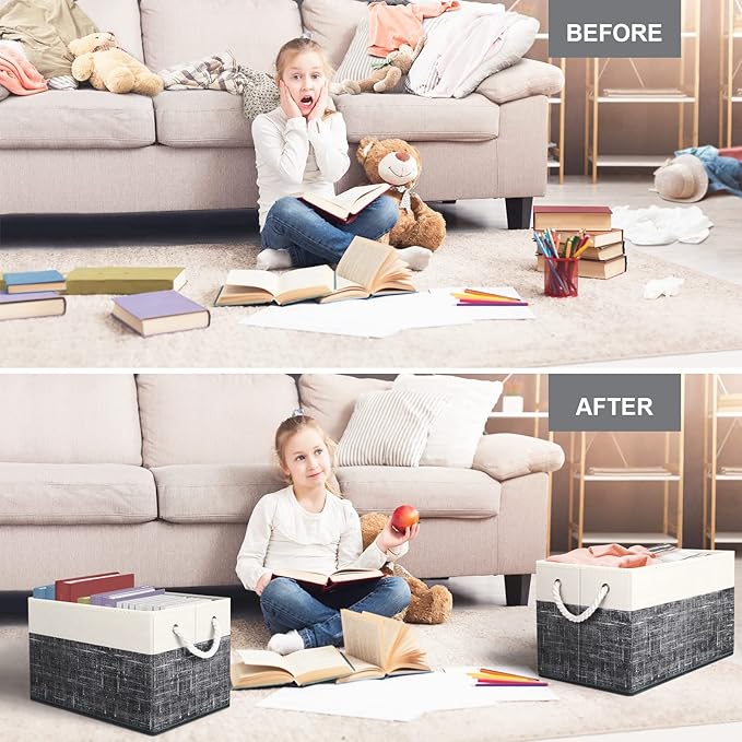 Fab totes Storage Bins [48-Pack], Foldable Storage Baskets for Organizing Toys, Books, Shelves, Closet, Large Storage Box with Rope Handles, Sturdy Organizer Bins, White & Black