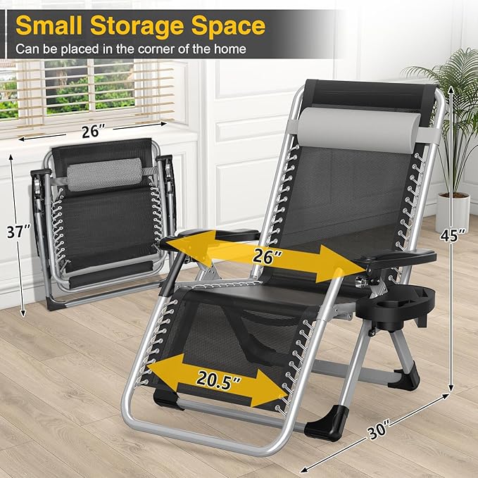 Suteck Zero Gravity Chair, Reclining Camping Lounge Chair with Aluminum Alloy Lock, Folding Patio Recliner w/Removable Pad, Adjustable Headrest and Side Tray for Outdoor Patio, Lawn, and Camping