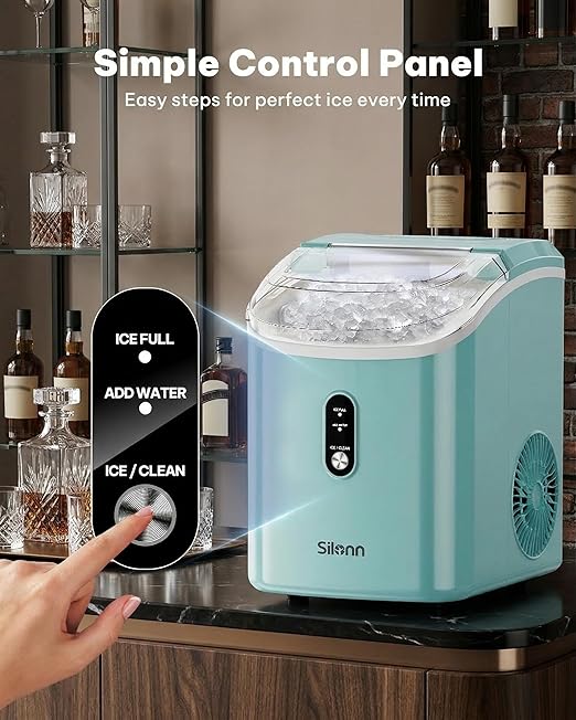 Silonn Nugget Ice Maker Countertop, Chewable Pellet Ice Machine with Self-Cleaning, Portable Pebble Ice Maker with Ice Scoop for Home, Kitchen & Office, Green