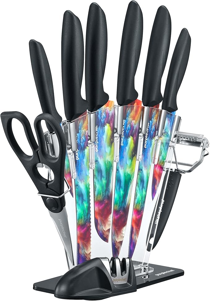 10 Pieces Kitchen Knives Set. Includes 6 Stainless Steel Knives, Scissors, Knife Sharpener, Peeler, and Clear Acrylic Stand (Cosmos)
