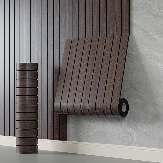 YLL YLL PVC Slat Wall Panel Peel and Stick 118"x 15.7" Faux Smoked Wood Grain Slat Panel Self-Adhesive Wallpaper Soundproof 3D Wall Panels