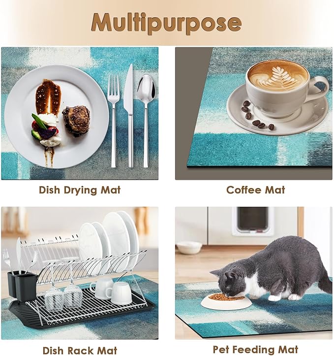 Arttown Coffee Mat for Countertops, Teal White Grey Abstract Modern Dish Drying Mat 2 Pcs for Kitchen Bar Accessory, Fit Under Coffee Maker Espresso Machine Dish Rack Hide Stain Rubber 12x19in