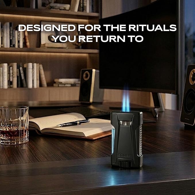 Colibri Rebel Double Jet Flame Torch Lighter, Windproof & Refillable, Cigar Enthusiast's Choice with Blue Fuel Window and Adjustable Flame (Matte Black + Black)