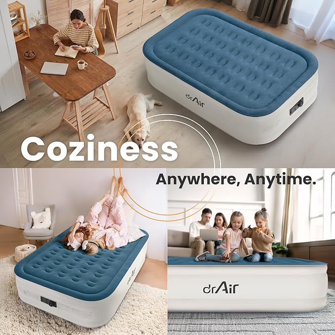 Dr. air Full Air Mattress with Built-in Pump, 18" Raised Blow Up Mattress, 600 lbs Max Honeycomb Air Bed, 48Hr Leak-Proof Test, 3min Inflatable Mattress for Home, Guests, Camping, Colchones inflables
