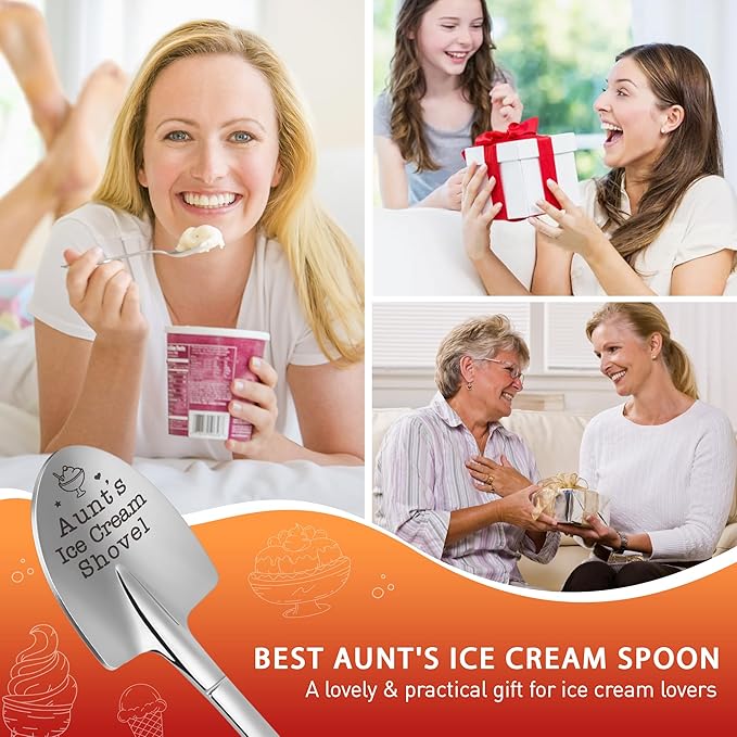 Aunt Gifts, Mothers Day Birthday Gifts for Aunt Auntie from Niece Nephew, Best Aunts Ever Cute Mother's Day Present Funny Aunt's Ice Cream Shovel Spoon Gift for Anniversary Christmas White Elephant