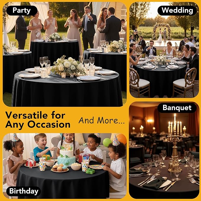6-Pack Black Round Tablecloths, 90 Inches, Stain-Resistant Polyester for 4-5 Ft Round Tables - Washable Table Covers for Weddings, Banquets, Birthday Parties, Events