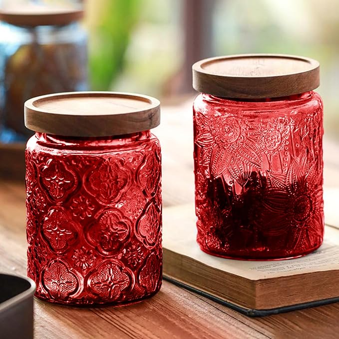 Glass Jar with Lid, Vintage Glass Storage Jars with Airtight Lid Coffee Canister Sugar Container for Kitchen Counter Pantry, Flour, Candy, Tea, Coffee Beans, Oats (Sunflower Red*2)