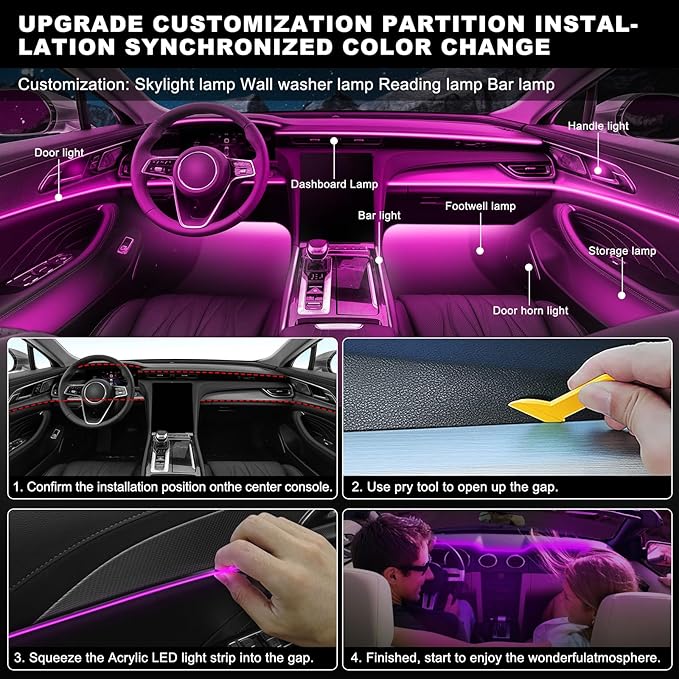 Acrylic Interior Car LED Strip Light with Wireless APP, RGB 6 in 1 with 175 inches 600 LEDs Fiber Optic Car Ambient Lighting Kits, 16 Million Colors Sound Active Function LED Strip for Car
