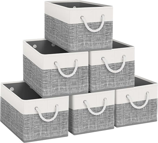 Fab totes Storage Bins [37-Pack], Foldable Storage Baskets for Organizing Toys, Books, Shelves, Closet, Large Storage Box with Rope Handles, Sturdy Organizer Bins, White & Black