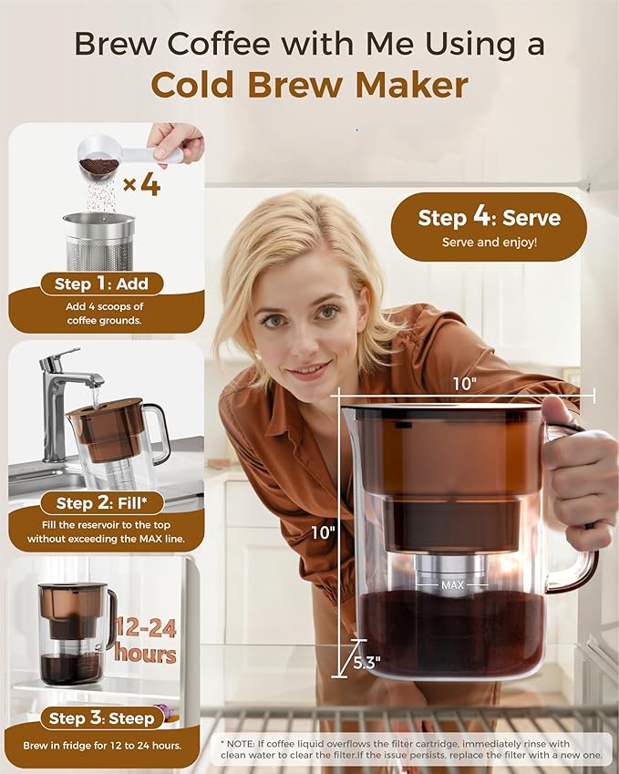 Waterdrop PT-10 Cold Brew Coffee Maker with 1 Magnesium Water Filter for Well-Balanced Acidity, Unlocks Aroma, BPA-Free Cold Brew Pitcher, Stainless Steel Filter for Iced Coffee, Tea, Lemonade, Brown