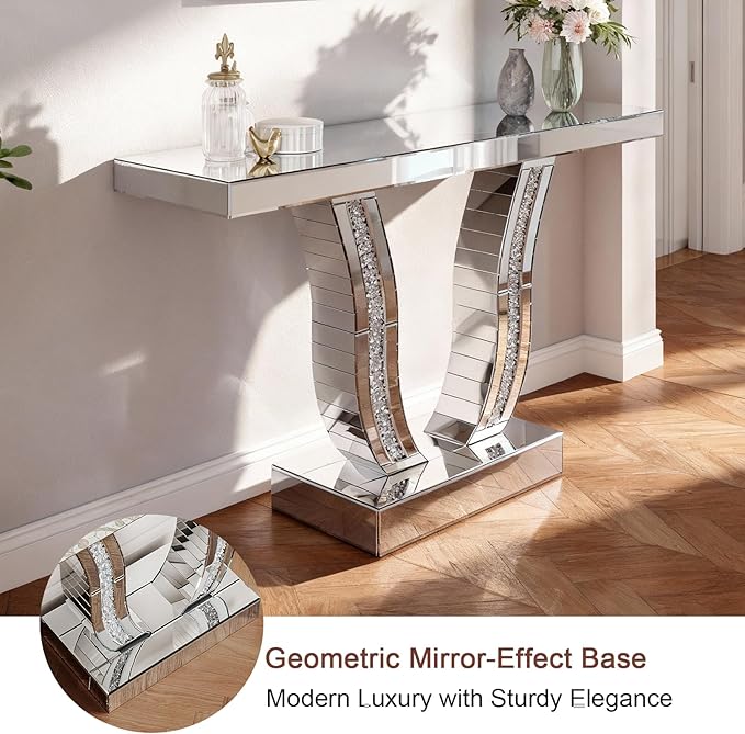 SSLine Modern Mirrored Console Table,43-Inch Silver Mirror Finish Entryway Table with Sparkling Crystal Inlay U-Shape Base Luxury Accent Foyer Tables for Living Room Hallway Entrance