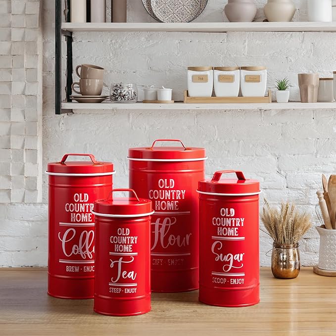 DAYYET Red Canisters for Kitchen Counter, Airtight Kitchen Canisters for Countertop, Flour and Sugar Containers, Tea Coffee Sugar Canister Set, Red Kitchen Decor and Accessories, Set of 4