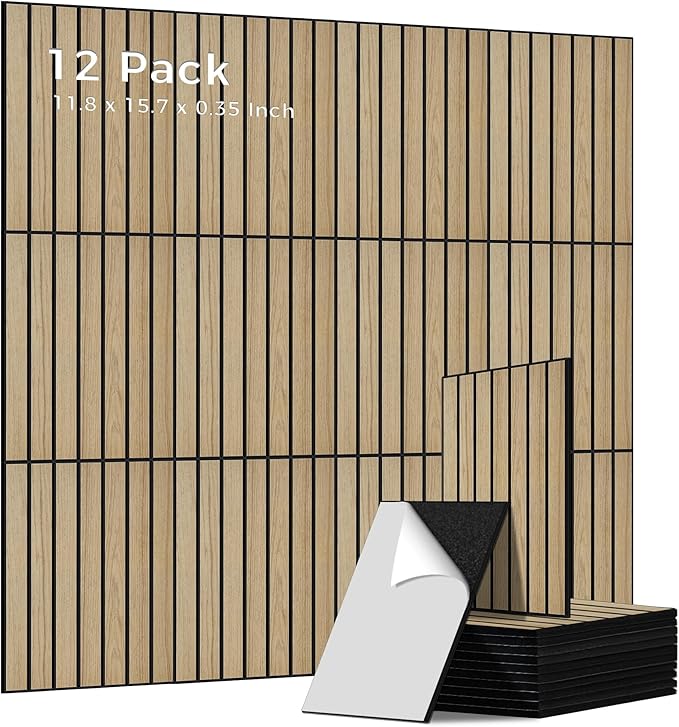 12 Pack PVC Wood Panels for Wall, 11.8 x 15.7 x 0.35 Inch Sound Absorbing Panels, 100% Polyester Fiber Soundproof Wall Panels for Interior Wall Decor for Home, Office, Studio, Theater,Teak