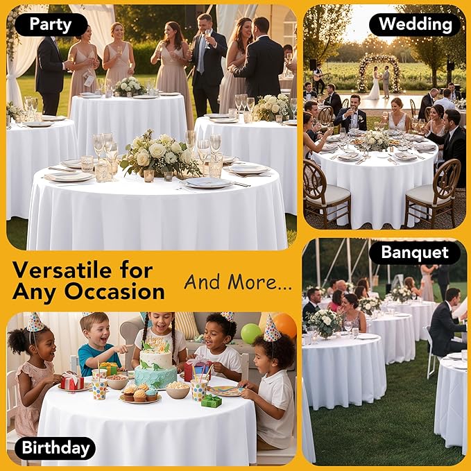 6-Pack White Round Tablecloths, 90 Inches, Stain-Resistant Polyester for 4-5 Ft Round Tables - Washable Table Covers for Weddings, Banquets, Birthday, Parties, Events