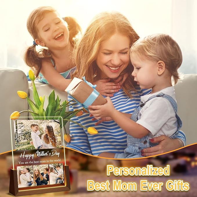 Personalized Mothers Day Birthday Gifts For Mom, Customized Moms Gifts From Daughter Son Husband, Custom Acrylic Plaque With Photo Name, Light Up Picture Frame For Mom Grandma Wife Christmas Gift