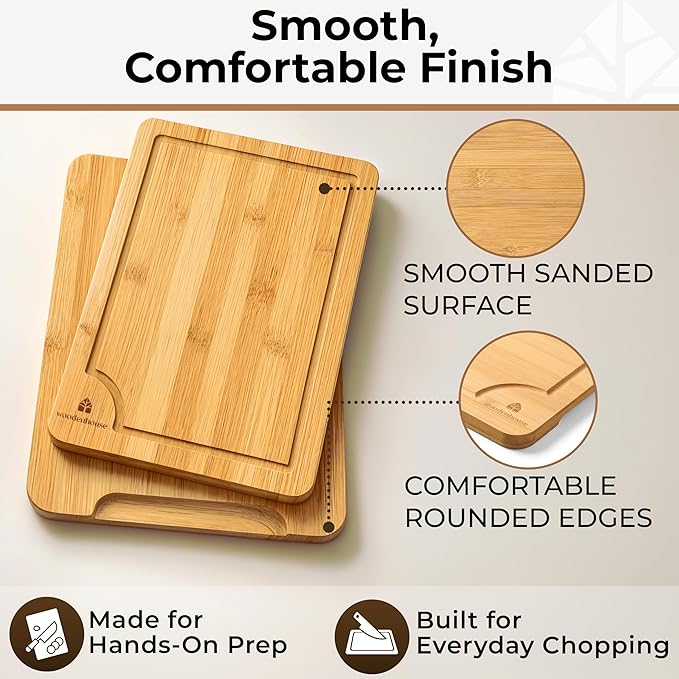 Bamboo Cutting Board Set of 3 - Thick & Durable Wood Cutting Boards with Deep Juice Grooves & Build-in Handles, Large Surface, Easy to Clean – for Meat, Vegetables and Fruits (Set of 3 with Holder)