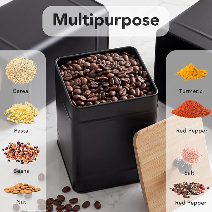 PERFNIQUE Kitchen Canisters, Airtight Canister Sets for Kitchen Counter, Kitchen Canisters for Countertop Set of 4, Coffee Tea Sugar Flour Spice Tin Jars Food Storage Container with Lid(Black)